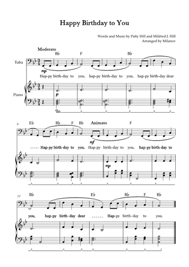 Happy Birthday to You | Tuba| B-flat Major | Piano accompaniment | Pedal | Chords | Lyrics (arr. Milanov)