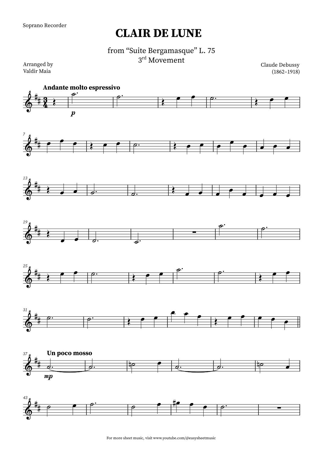 Clair de Lune - Soprano Recorder (arr. Valdir Maia)