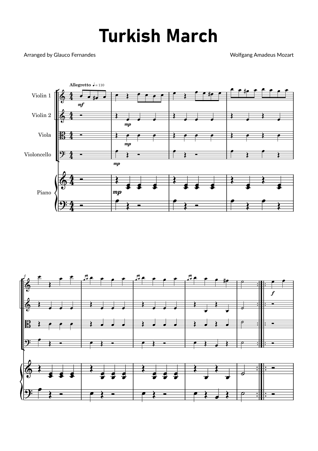 Turkish March by Mozart - String Quartet with Piano (arr. Glauco Fernandes)