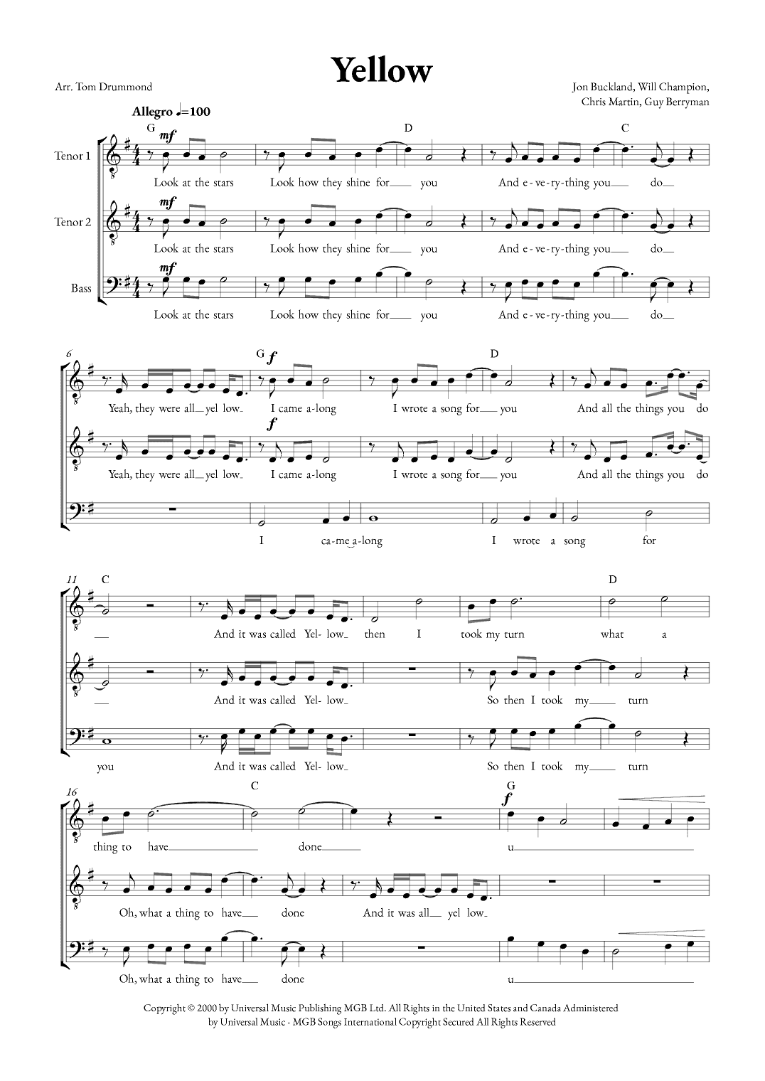 Yellow (arr. Tom Drummond)