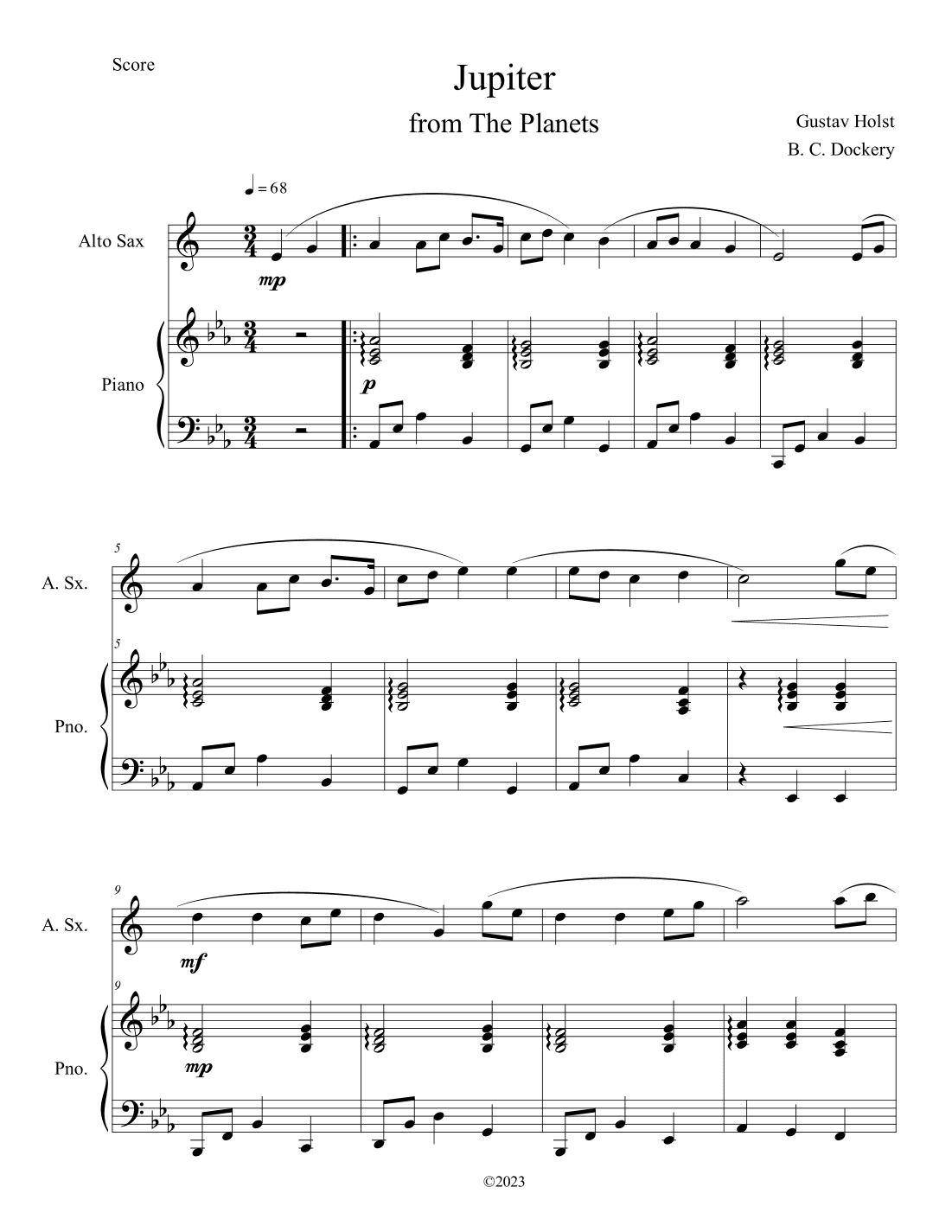 Jupiter (from The Planets) for Alto Sax Solo with Piano Accompaniment (arr. B. C. Dockery)