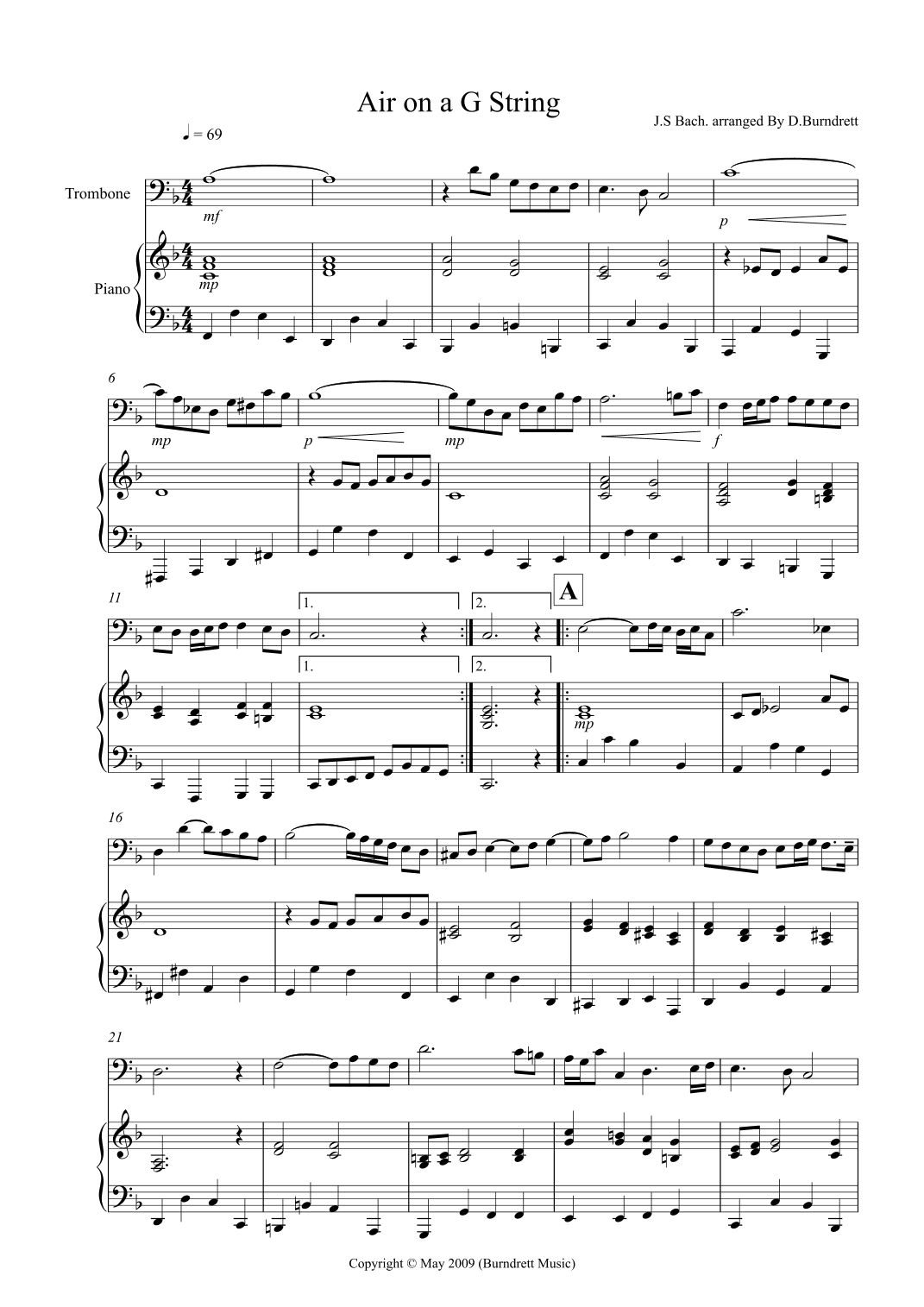 Air on a G String for Trombone and Piano (arr. D.Burndrett)