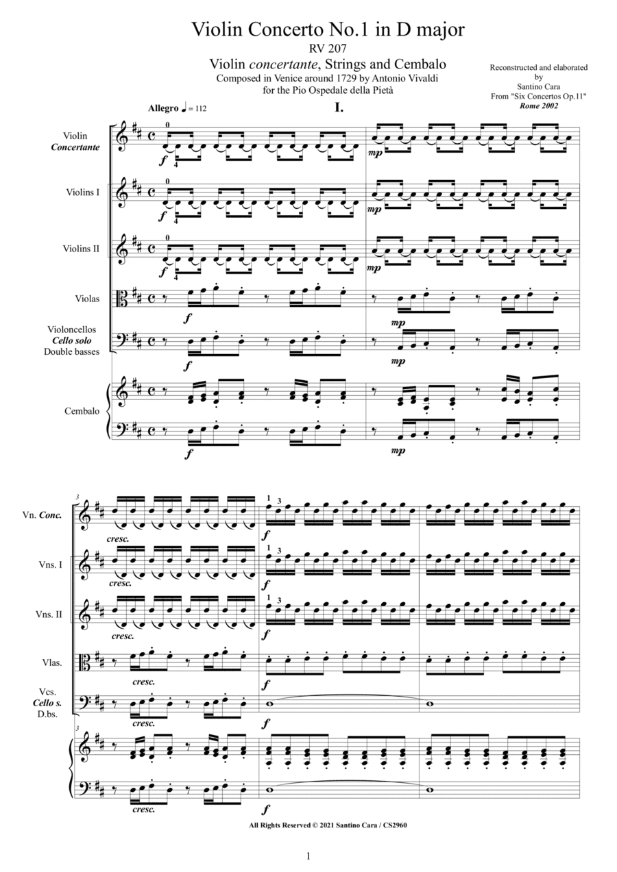 Vivaldi - Violin Concerto No.1 in D major RV 207 Op.11 for Violin, Strings and Cembalo (arr. Santino Cara)