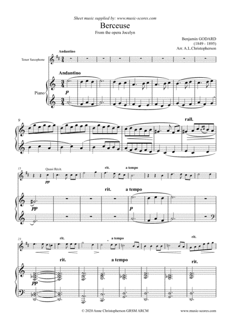 Berceuse from Jocelyn - Tenor Sax & Piano (arr. Anne L Christopherson GRSM ARCM)