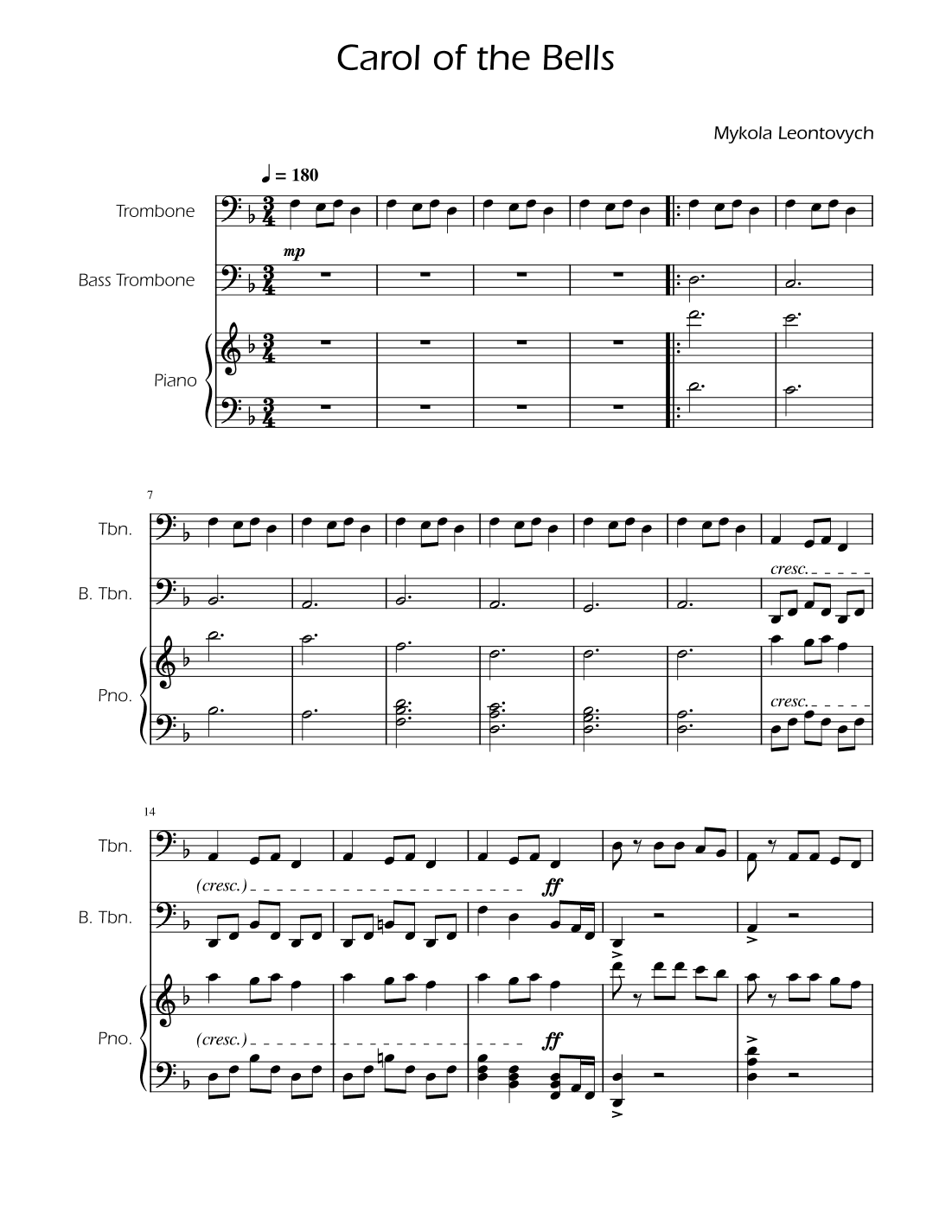 Carol of the Bells - Trombone Duet w/ Piano (arr. Ygor Nunes)