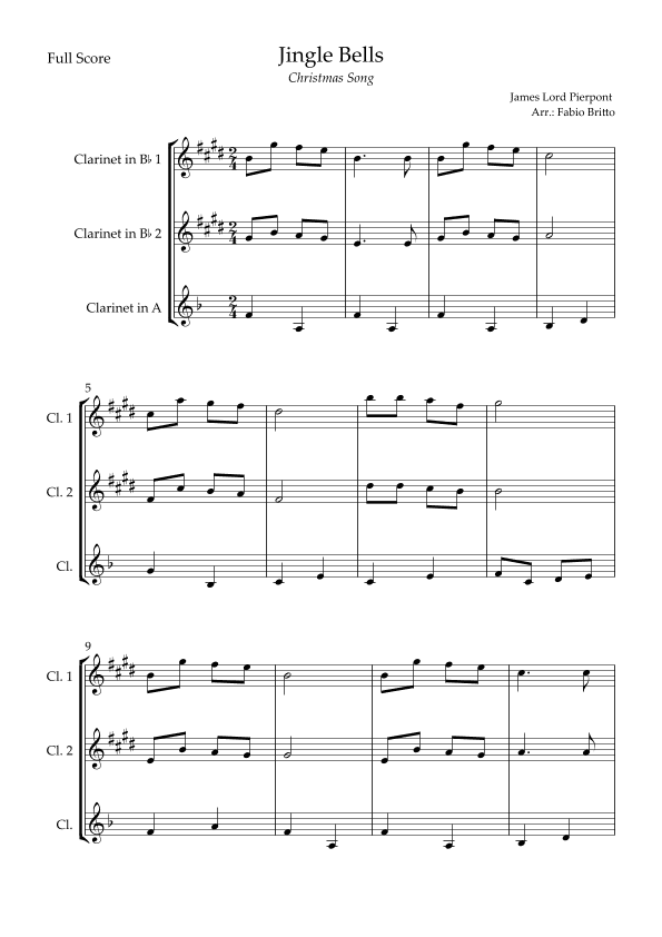 Jingle Bells (Christmas Song) for Clarinet Trio (arr. Fabio Britto)