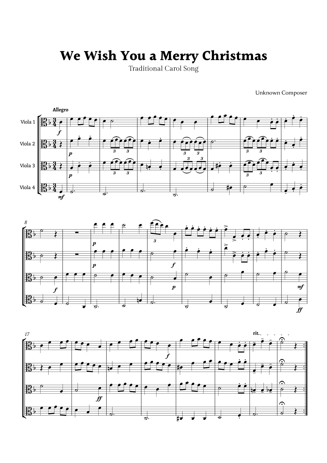 We Wish you a Merry Christmas for Viola Quartet (arr. Rika K.)
