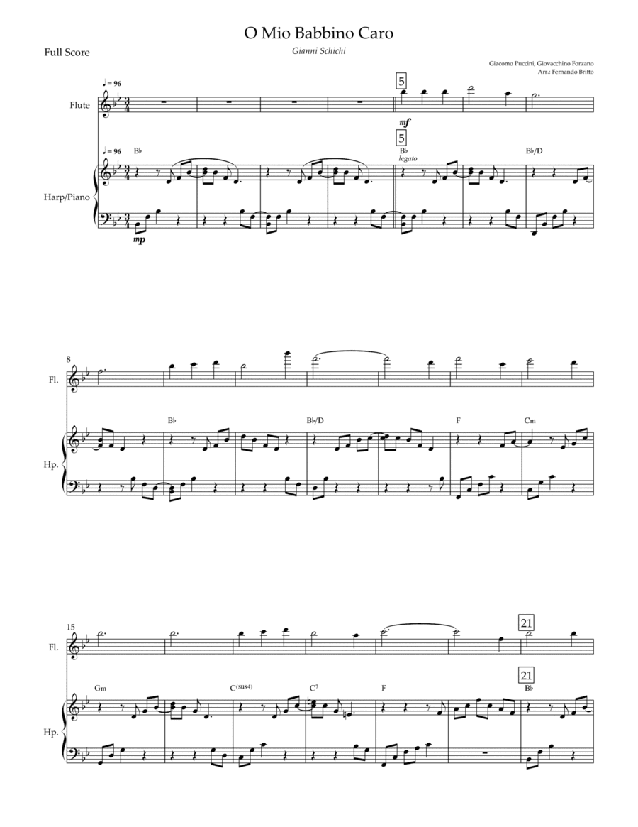 O Mio Babbino Caro (Puccini) for Flute & Piano with Chords (arr. Fernando Britto)