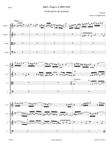 Bach: Fugue in a, BWV 904 arranged for String Quartet (arr. D Oppenheim)
