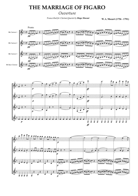 Overture from the opera "The Marriage of Figaro" for Clarinet Quartet (arr. Diego Marani)