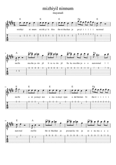 mizhiyil ninnum (mayanadi song) sheet music with tabs lyrics and chords (arr. indian guitar lessons)