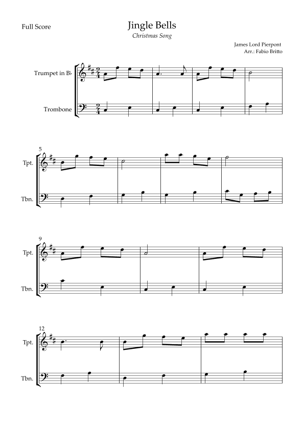 Jingle Bells (Christmas Song) for Trumpet in Bb & Trombone Duo (arr. Fabio Britto)