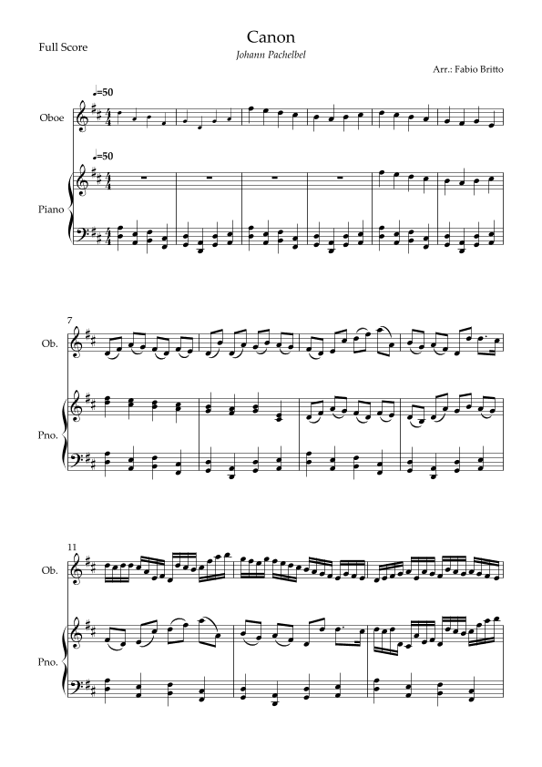 Canon - Johann Pachelbel (Wedding/Reduced Version) for Oboe Solo and Piano Accompaniment (arr. Fabio Britto)