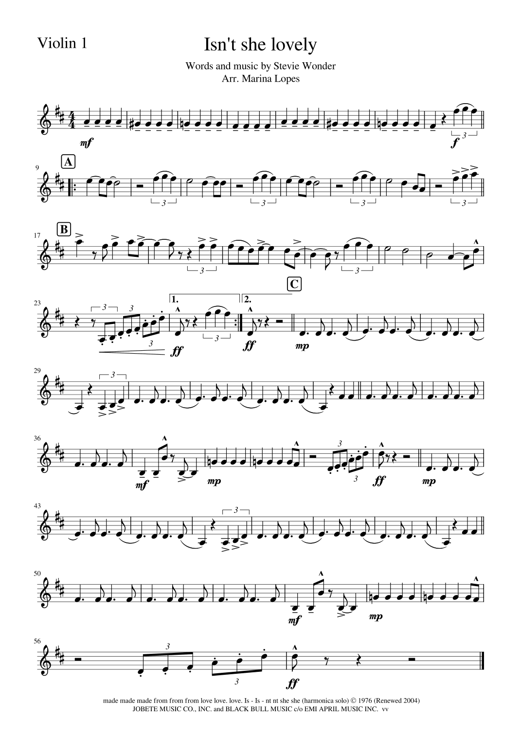 Isn't She Lovely (arr. Marina Lopes)