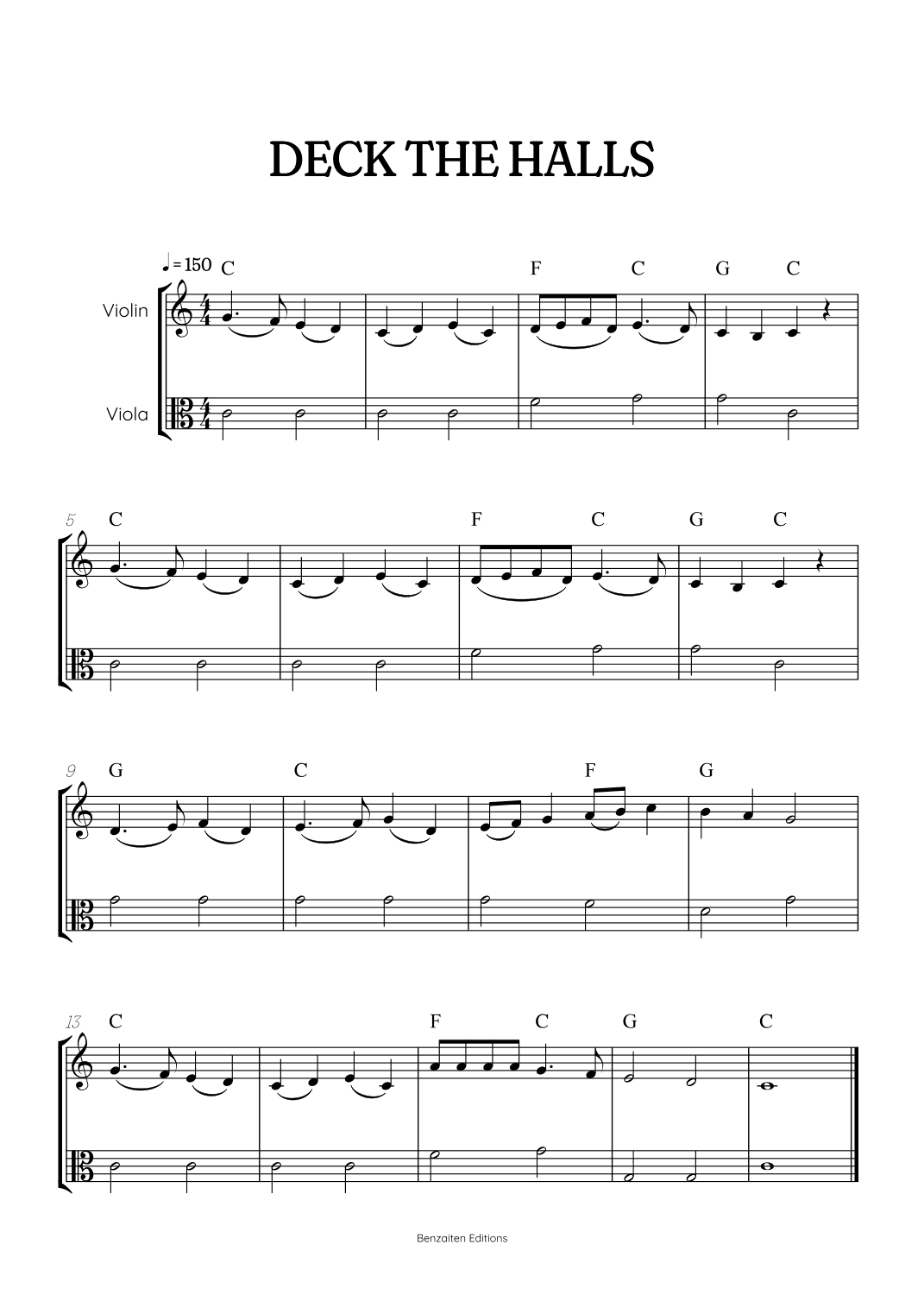 Deck the Halls for violin and viola duet • super easy Christmas song sheet music with chords (arr. Benzaiten Editions)