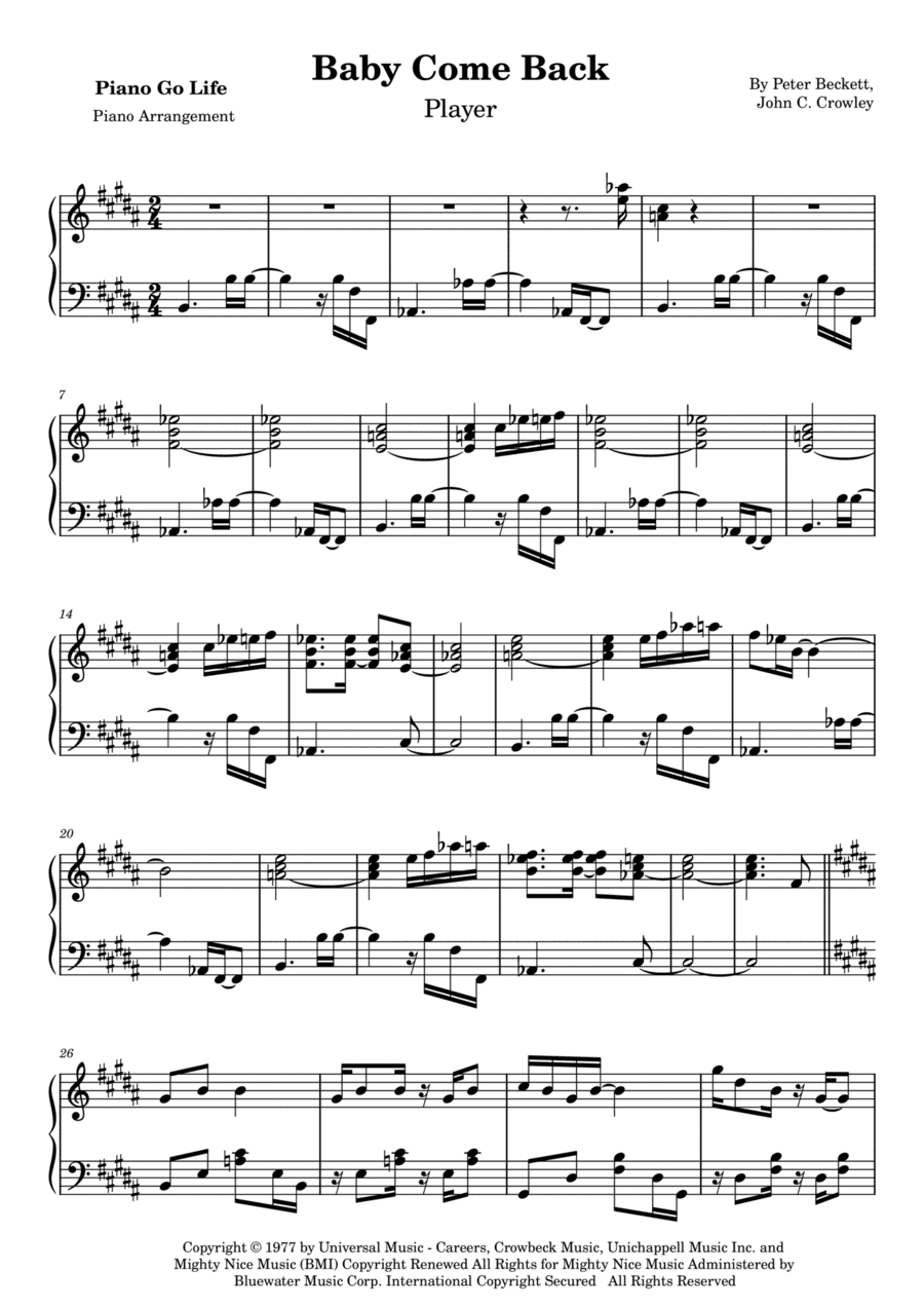 Baby Come Back (arr. Piano Go Life)