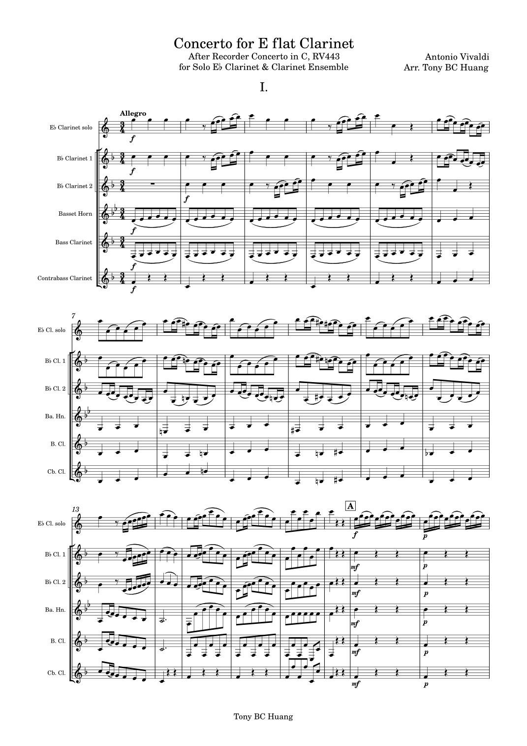 Concerto for E flat Clarinet, After Recorder Concerto in C, RV443 (arr. Tony BC Huang)