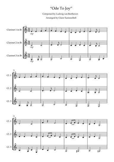Ode To Joy - Easy Clarinet Trio (arr. Claire Summerbell)