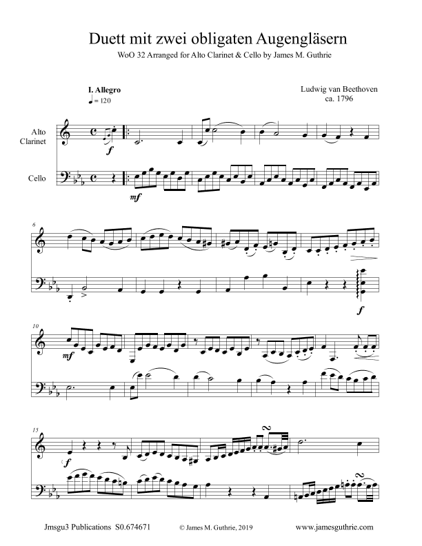 Beethoven: Duet WoO 32 for Alto Clarinet & Cello (arr. James M. Guthrie, ASCAP)