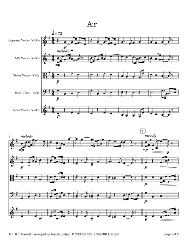 Air by Handel for String Quartet in Schools (arr. Joseph Judge)
