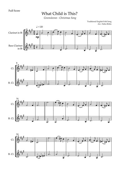 What Child is This? - Greensleeves (Christmas Song) for Clarinet in Bb & Bass Clarinet in Bb Duo (arr. Fabio Britto)