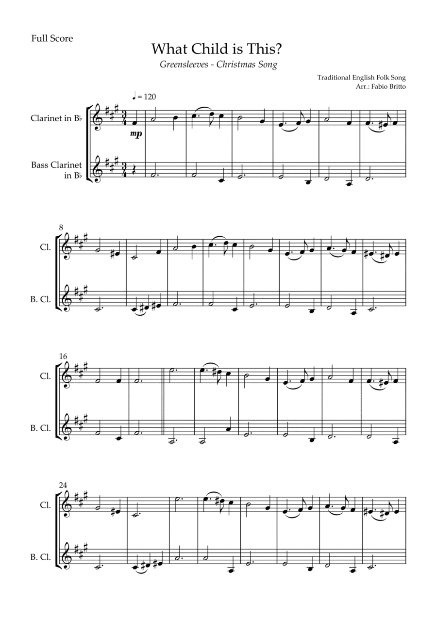 What Child is This? - Greensleeves (Christmas Song) for Clarinet in Bb & Bass Clarinet in Bb Duo (arr. Fabio Britto)
