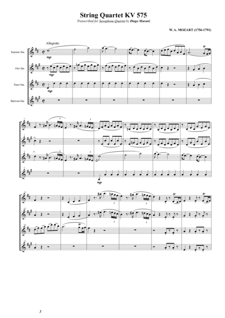 String Quartet KV 575 for Saxophone Quartet (SATB) (arr. Diego Marani)