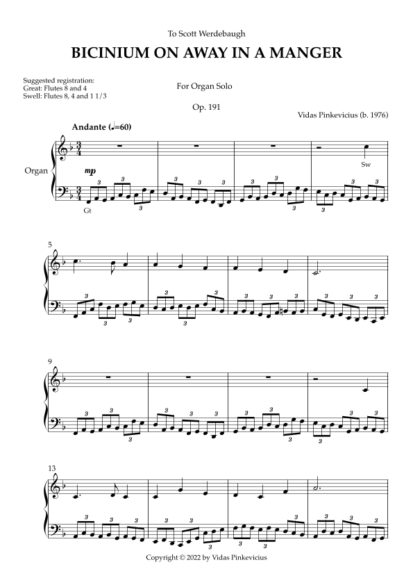 Bicinium on Away in a Manger, Op. 191 (Organ Solo) by Vidas Pinkevicius