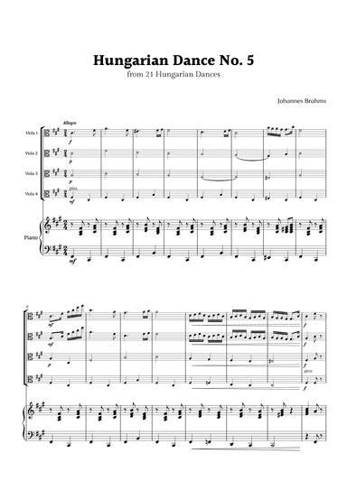 Hungarian Dance No. 5 by Brahms for Viola Quartet and Piano (arr. Rika K.)
