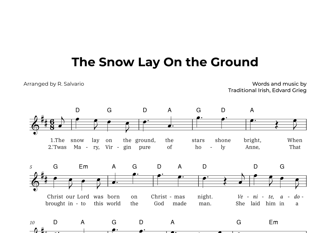 The Snow Lay On the Ground (Key of D Major) (arr. R. Salvario)