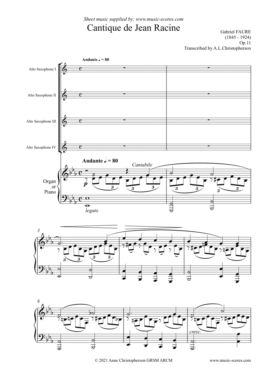 Cantique de Jean Racine - 4 Alto Saxes and Piano (arr. Anne L Christopherson GRSM ARCM)