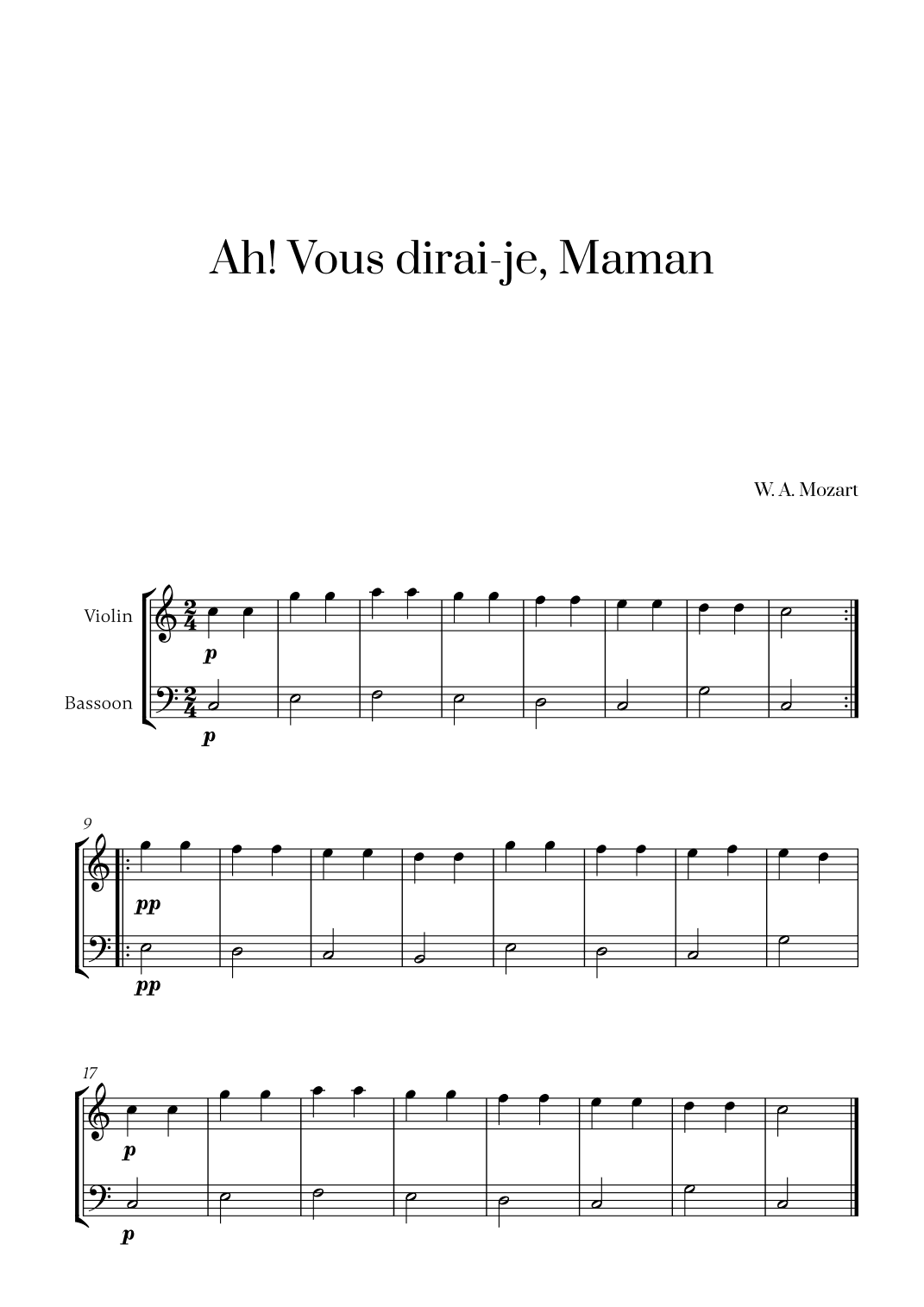 W. A. Mozart - Ah! Vous dirai-je, Maman for Violin and Bassoon (arr. Cadenza Editions)