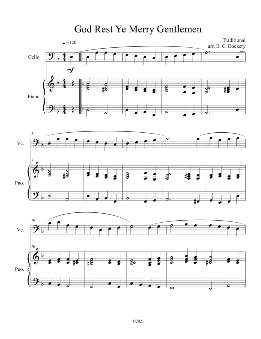God Rest Ye Merry Gentlemen (Cello Solo) with optional piano accompaniment (arr. B. C. Dockery)