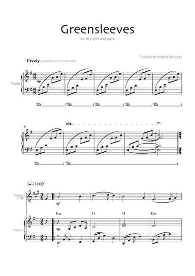 Greensleeves (Trumpet in Bb and piano) (arr. Robin Hood Editions)