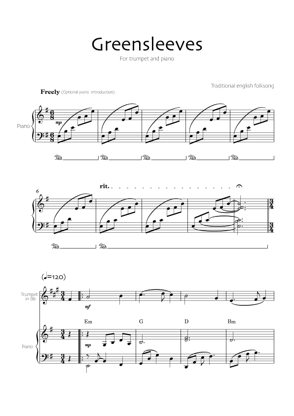 Greensleeves (Trumpet in Bb and piano) (arr. Robin Hood Editions)