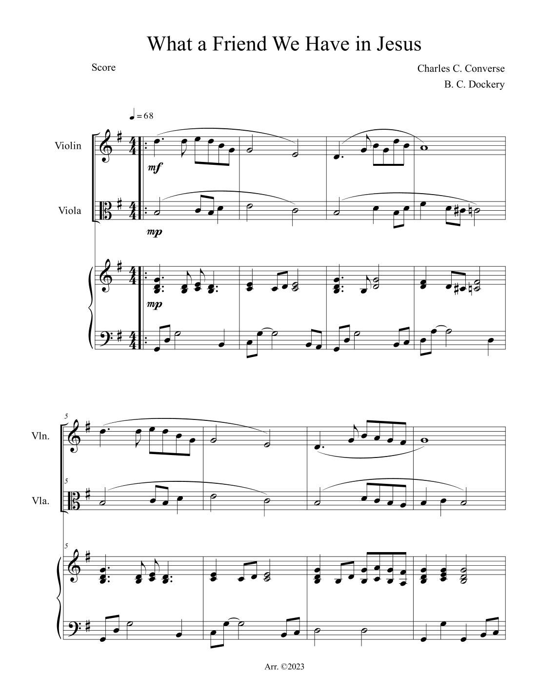 What a Friend We Have in Jesus (Violin and Viola Duet with Piano Accompaniment) (arr. B. C. Dockery)
