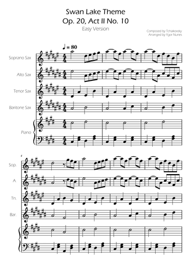 Swan Lake (theme) - Tchaikovsky - Sax Quartet w/ Piano Accompaniment (arr. Ygor Nunes)