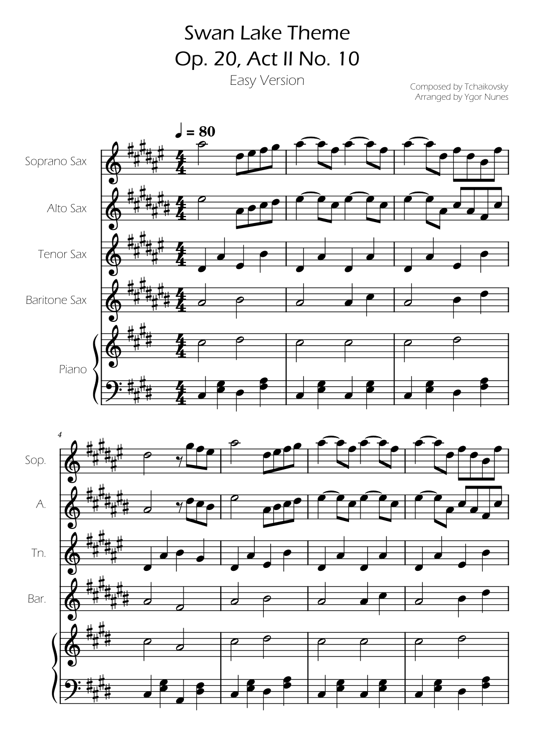 Swan Lake (theme) - Tchaikovsky - Sax Quartet w/ Piano Accompaniment (arr. Ygor Nunes)