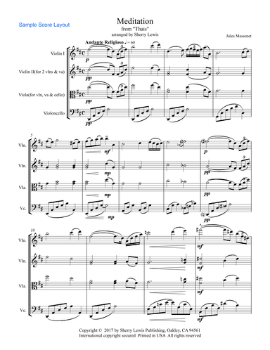 MEDITATION from Thais, String Trio, Intermediate Level for 2 violins and cello or violin, viola and (arr. Sherry Lewis Publishing)