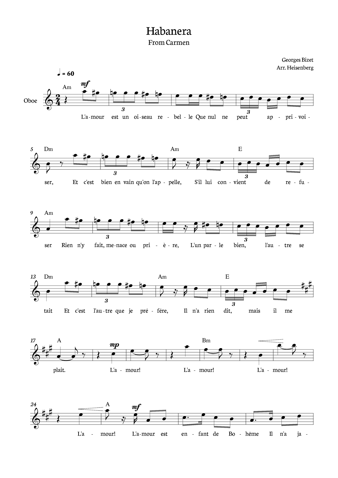 Habanera from Carmen for Oboe with chords (arr. Heisenberg)