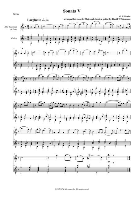 Sonata V for flute or alto recorder and guitar (arr. David Warin Solomons)