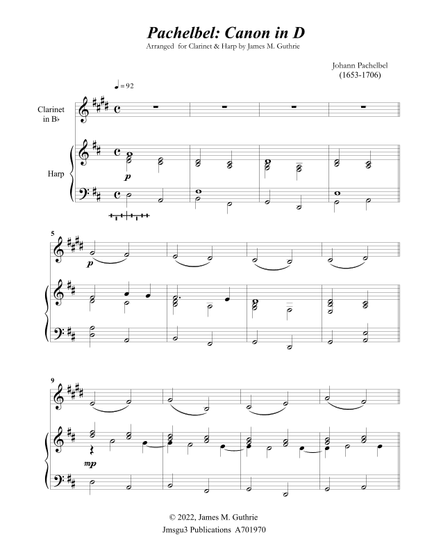 Pachelbel: Canon in D for Clarinet and Harp (arr. James M. Guthrie)