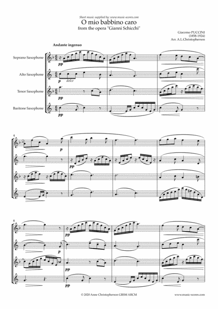 O Mio Babbino Caro - Saxophone Quartet (Soprano, Alto, Tenor, Baritone) (arr. Anne Christopherson GRSM ARCM)