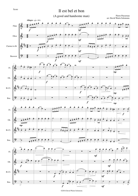 Il est bel et bon (He is good and handsome) for wind quartet (arr. David Warin Solomons)
