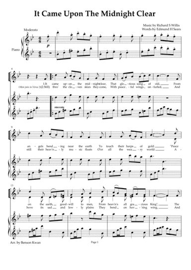 "It Came Upon a Midnight Clear" - SATB choir, with piano and flute/violin (arr. Benson Kwan)
