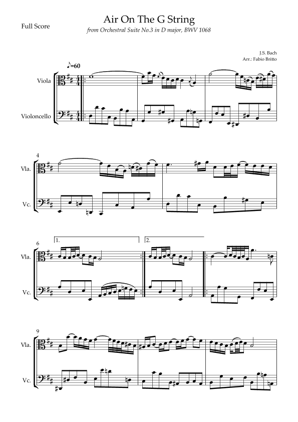 Air On The G String (J.S. Bach) for Viola & Cello Duo (arr. Fabio Britto)