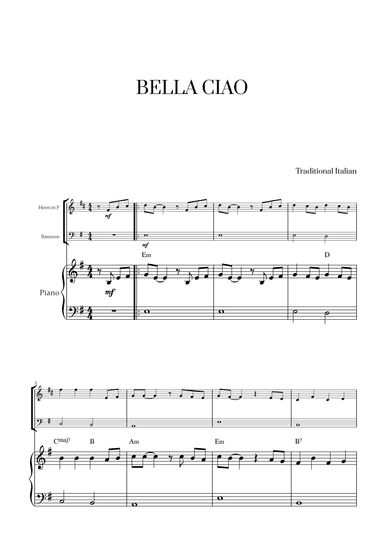 Bella Ciao with chords for French Horn, Bassoon and Piano (arr. Cadenza Editions)