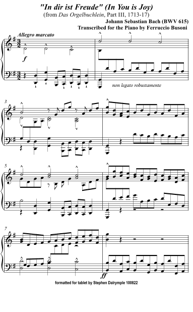 In dir ist freude  (Classical Music for Tablet Series) (arr. edited by Stephen R Dalrymple (Dalrymple Designs))