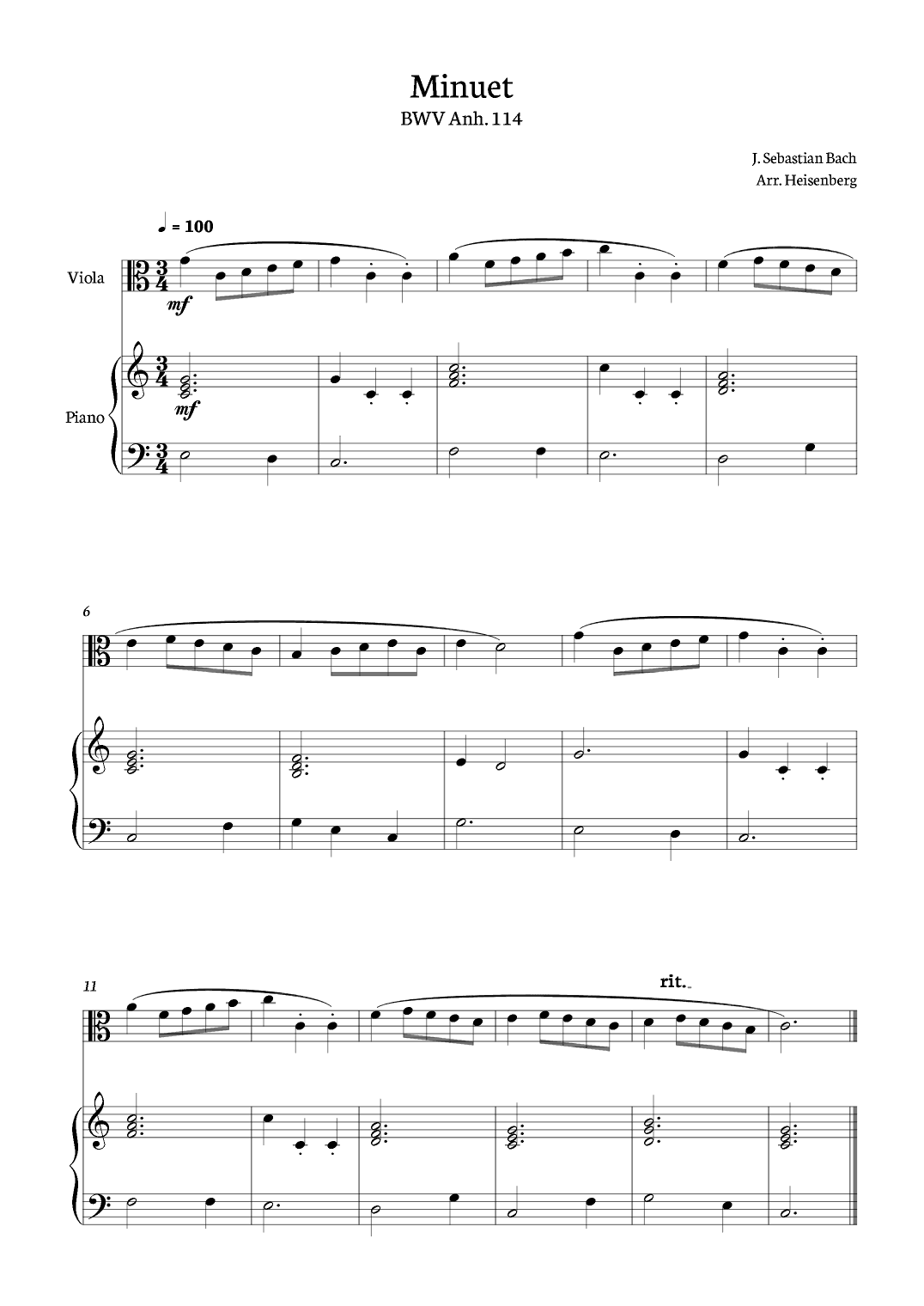 Minuet - Bach for Viola solo with Piano. (arr. Heisenberg)
