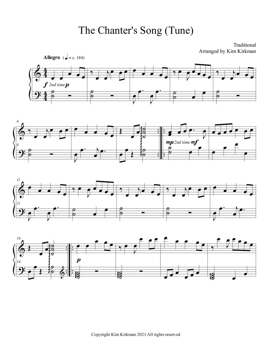 The Chanter's Song (Chanter's Tune) for harp no levers required - fun arrangement (arr. Kim Kirkman)